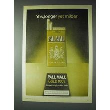 1973 Pall Mall Gold 100's Cigarettes Ad - Longer Milder