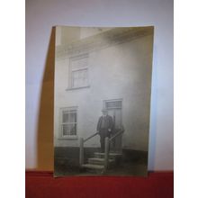 MAN ON THE STEP OF AN UNKNOWN HOUSE? antique photograph postcard =