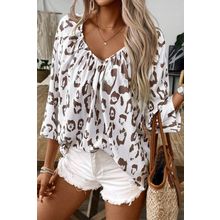 Khaki Leopard Print Ruched V Neck 3/4 Sleeve Blouse