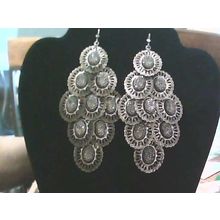 Silver Tone FILIGREE Oval DANGLES Aprx 3” Hook Earrings