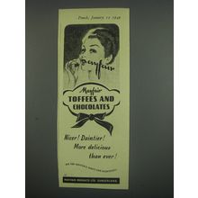 1949 Mayfair Toffees & Chocolates Ad - Mayfair toffees and chocolates Nicer!