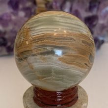 Green Calcite Carved Onyx Sphere Crystal Healing Meditation Orb With Stand 170g
