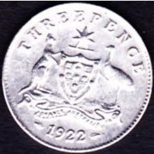 1922 Australia 1 Threepence Silver Coin