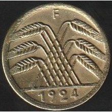 1924 F Germany 5 Rentenpfennig Coin