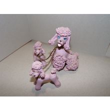 Vintage Pink Poodle Family Spaghetti Ceramic Blue Stone Eyes Mom Puppies
