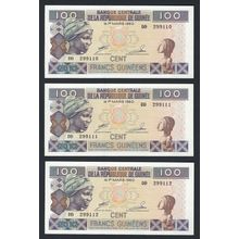 Guinea 3 consecutive serial banknotes 100 Francs Guinéens 2012 P-35b UNC