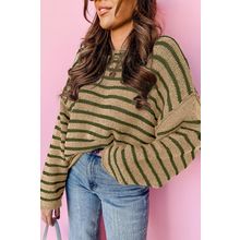 Khaki Stripe Drop Shoulder Casual Sweater