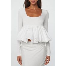White U Neck Long Sleeve Bubble Hem Top