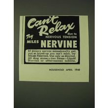 1948 Miles Nervine Ad - Can't relax due to nervous tension try Miles Nervine
