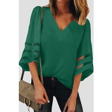 Green Flare Sleeve V Neck Loose Blouse