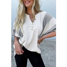 Light Grey Two Tone Contrast Waffle Knit Patched Buttoned V Neck Top