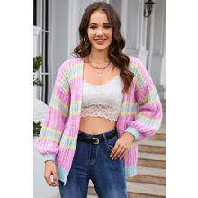 Pink Contrast Striped Open Front Cable Cardigan