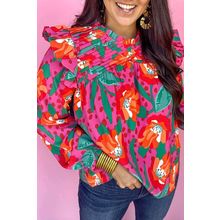 Rose Floral Print Pleated Ruffled O Neck Plus Size Blouse