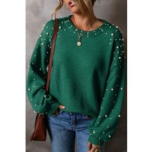 Evergreen Pearled Drop Shoulder Round Neck Sweater