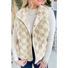 Khaki Sherpa Checkerboard Snap Button Vest Jacket With Pocket