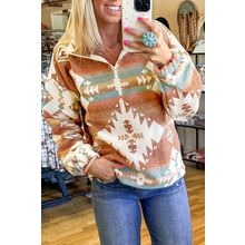 Khaki Quarter Zip Elastic Cuffs Aztec Sweatshirt