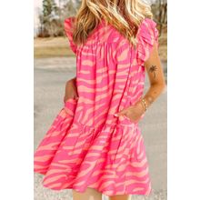 Pink Zebra Stripe Printed Ruffle Trim Pocketed Dress