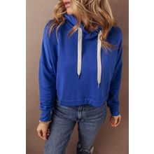 Dark Blue Solid Drop Shoulder Drawstring Cropped Hoodie