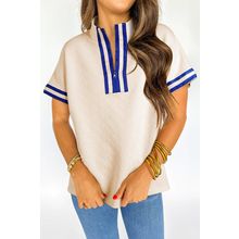 Beige Preppy Striped Trim Textured Quarter Zipper Colorblock Short Sleeve Top