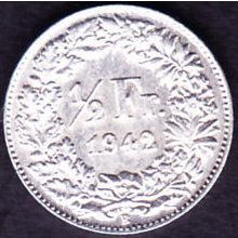 1942 B Switzerland 1 Half Franc Silver Coin