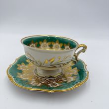 Antique Schwarzenhammer Bavaria Porcelain Gold Trim tea cup & saucer Green