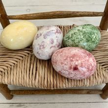 4 Hand Painted Ceramic Eggs Flat Bases Hollow Speckled Colorful Easter Decor