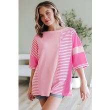 Pink Stripe Color Block Patchwork Loose Half Sleeve T Shirt