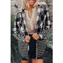 Black Double Plaid Patchwork Drawstring Hooded Shacket
