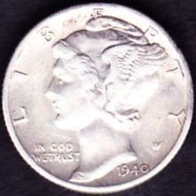 1940 D USA 10 Cents Silver Coin Mercury