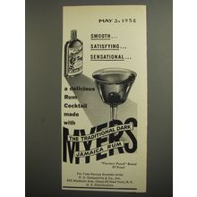 1952 Myers Rum Ad - Smooth.. satisfying.. sensational..