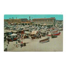 Postcard USA CA California Newport Beach Dory fish market busy scene many cars