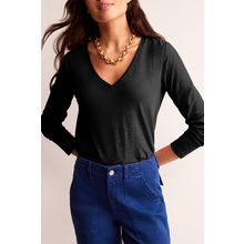 Black Solid Color V Neck Long Sleeve Stretchy Top