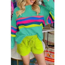 Green Colorful Striped Accent Long Sleeve T Shirt