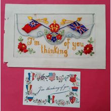 WW1 SILK EMBROIDERED POSTCARD PATRIOTIC UNION FLAG THINKING OF YOU INSERT POSTED