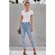 Gather Round Distressed Pocketed Denim Jogger Pants