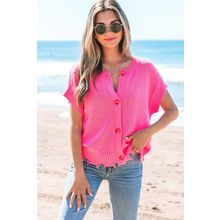 Bright Pink Distressed Hem Short Sleeve Knitted Button Front Sweater