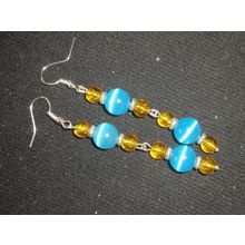 Striking baby blue cats eye & yellow crystal glass long swing earrings