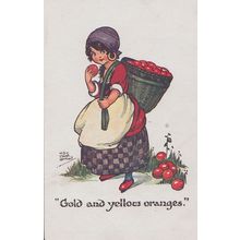 Girl Fruit Carrier Basket Oranges Apples Eating 1940s Cartoon Postcard