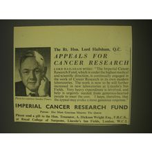 1958 Imperial Cancer Research Fund Ad - The Rt. Hon. Lord Hailsham, Q.C.