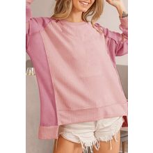 Apricot Pink Color Block Waffle High Low Raglan Sleeve Sweatshirt