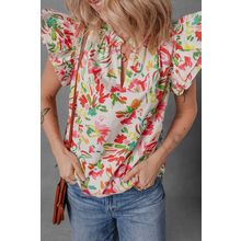 Multicolour Allover Floral Printed Flutter Sleeve Split Neck Blouse