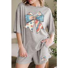 Gray USA Flag Bow Print Half Sleeve Tee and High Waist Shorts Set