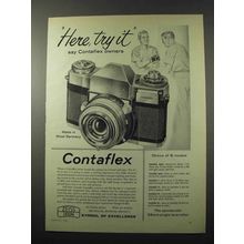 1958 Zeiss Contaflex Camera Ad - Here, Try It