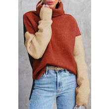 Clay Red Color Block Turtle Neck Drop Shoulder Knit Sweater