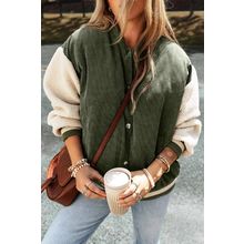Mist Green Corduroy Fleece Patchwork Buttoned Bomber Jacket