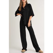 Black Solid Color Textured Buttoned Shirt and Casual Pants Set