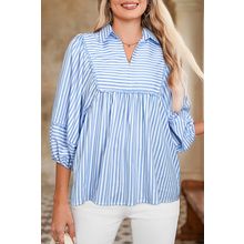 Sky Blue Stripe Shirt Collar V Neck Ricrac Trim 3/4 Puff Sleeve Blouse