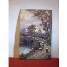 SHEEP OVER BRIDGE unused antique Panel greetings Card postcard by Faulkner =