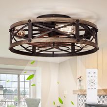Farmhouse Flush Mount Caged Ceiling Fans with Lights, 6 Speeds, Rustic Low Profi