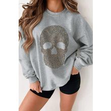 Light Grey Rhinestone Skull Graphic Drop Shoulder Sweatshirt